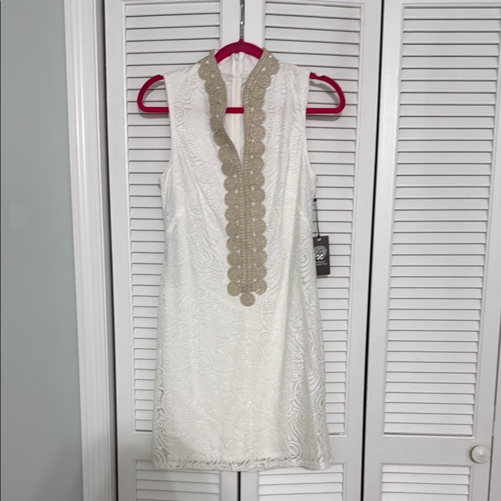 Vince Camuto White Mini Dress with Gold Detailing